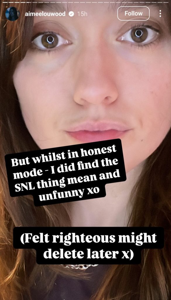 Bentuk kekesalan Aimee pada SNL (Foto: Instagram/aimeelouwood)