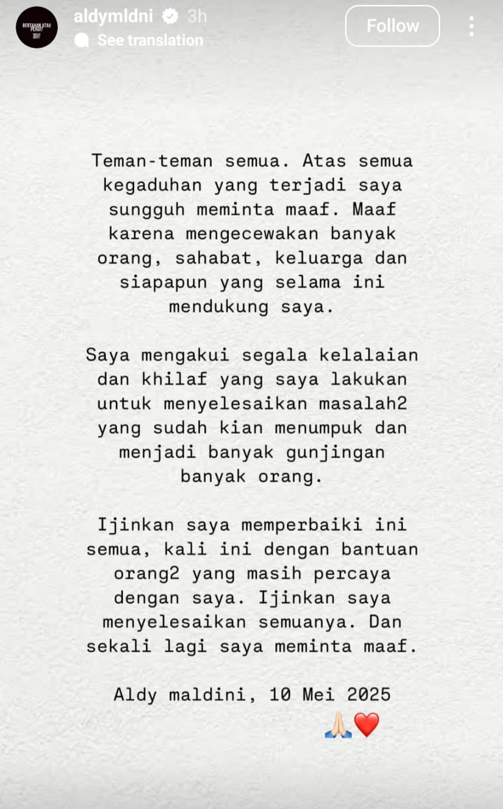 Klarifikasi Aldy CJR terkait tuduhan menipu fans. Foto: Dok. Instagram @aldymldni