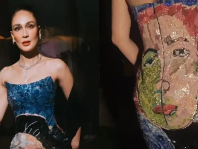 Salah satu gaun pernikahan Luna Maya bergambar lukisan mendiang ayahnya. Foto: Dok. Instagram @lunamaya