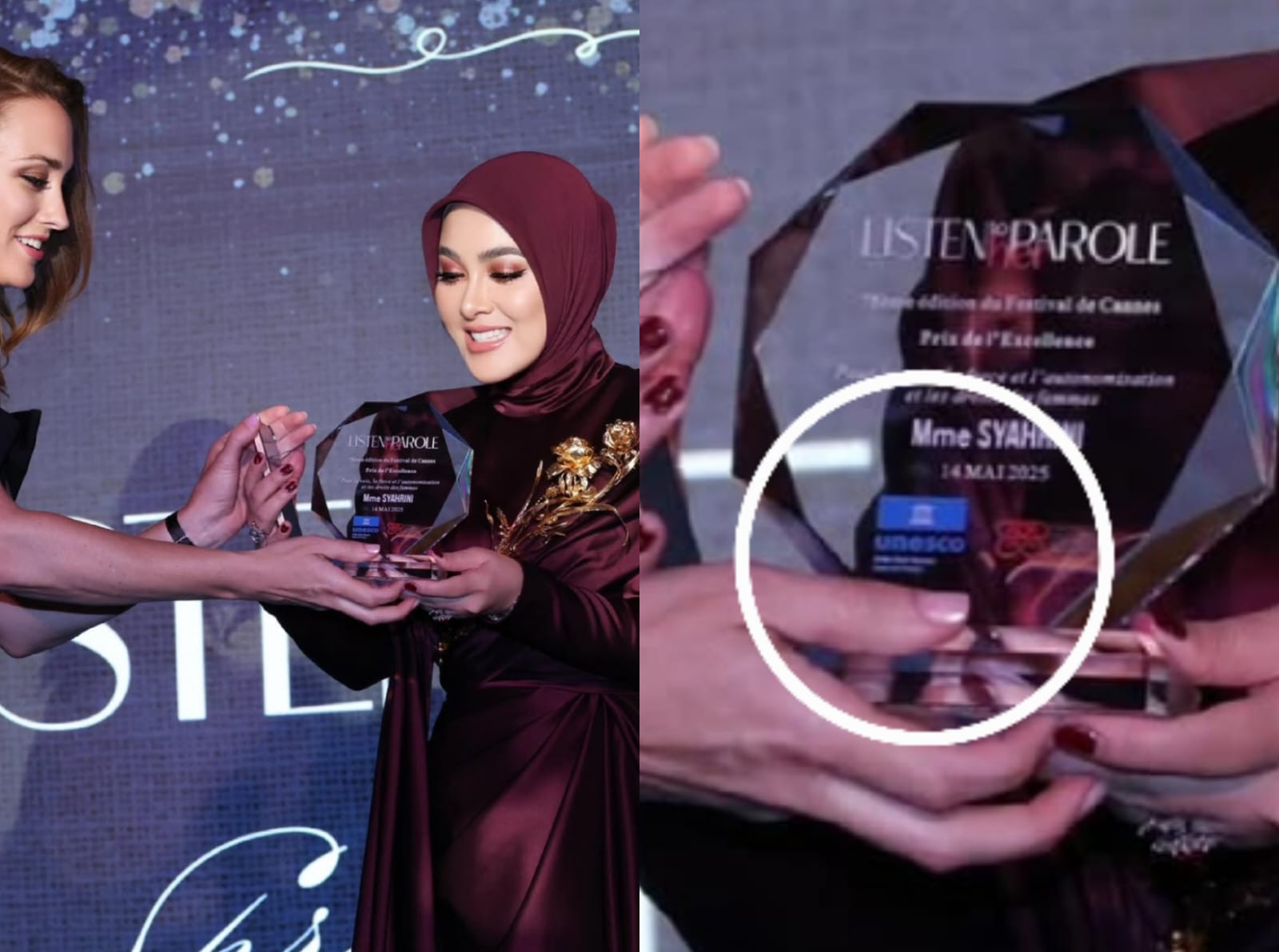 Logo UNESCO pada penghargaan yang diterima Syahrini. Foto: Dok. Instagram @princessyahrini