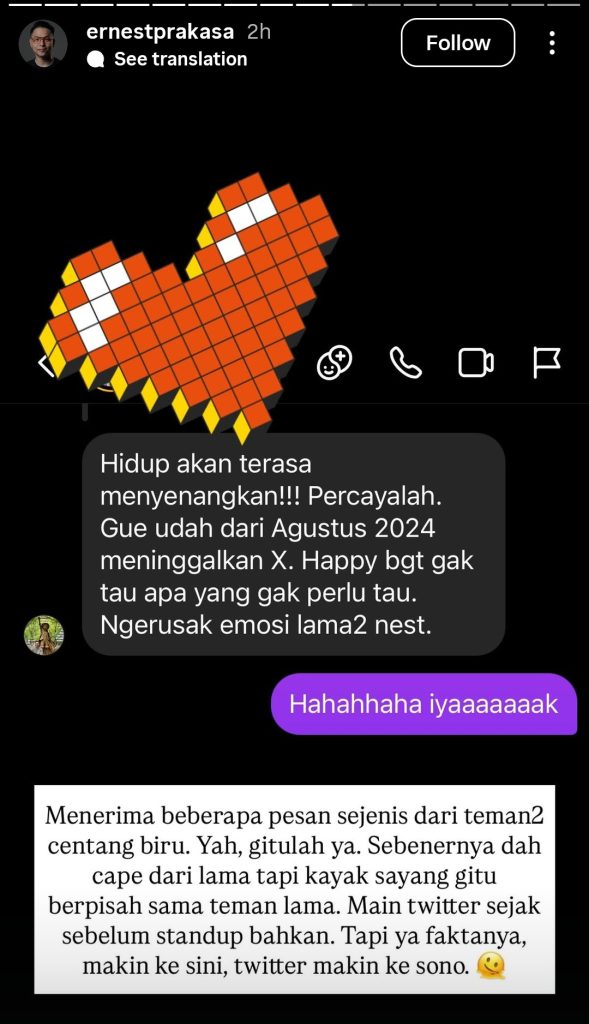 Alasan meninggalkan X (Foto: Instagram/ernestprakasa)