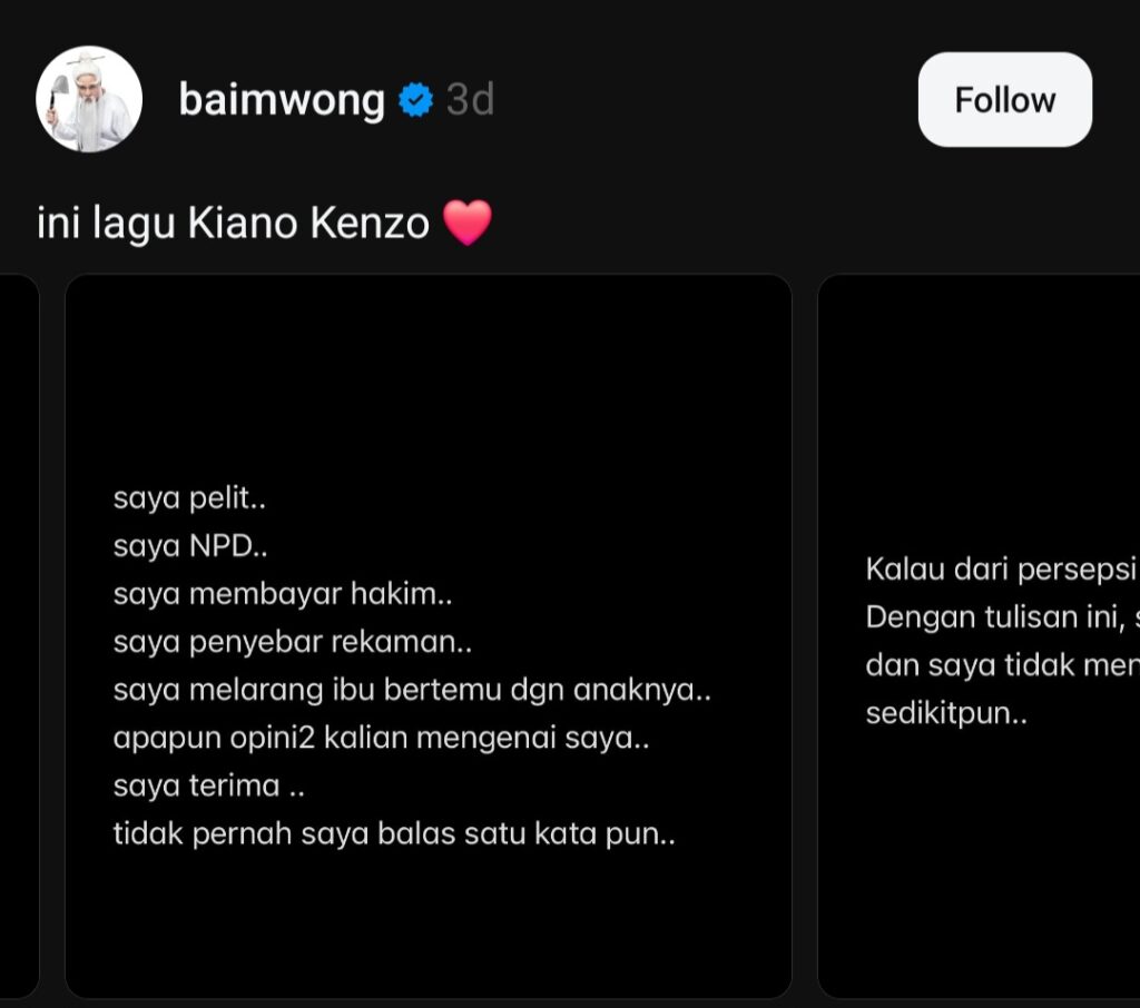 Unggahan Baim wong di Thread (Foto: Thread/baimwong)