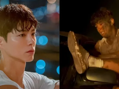 Park Bo Gum melakoni adegan bergelantungan di mobil tanpa bantuan pemeran pengganti. Foto: Dok. Instagram @jtbcdrama, YouTube Hot Eagle