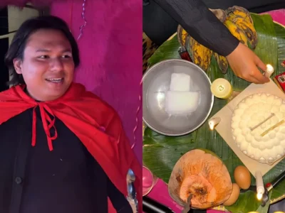 Keanu Angelo mendapatkan kejutan ulang tahun dengan kue ala sesajen. Foto: Dok. Instagram @narinkovilda