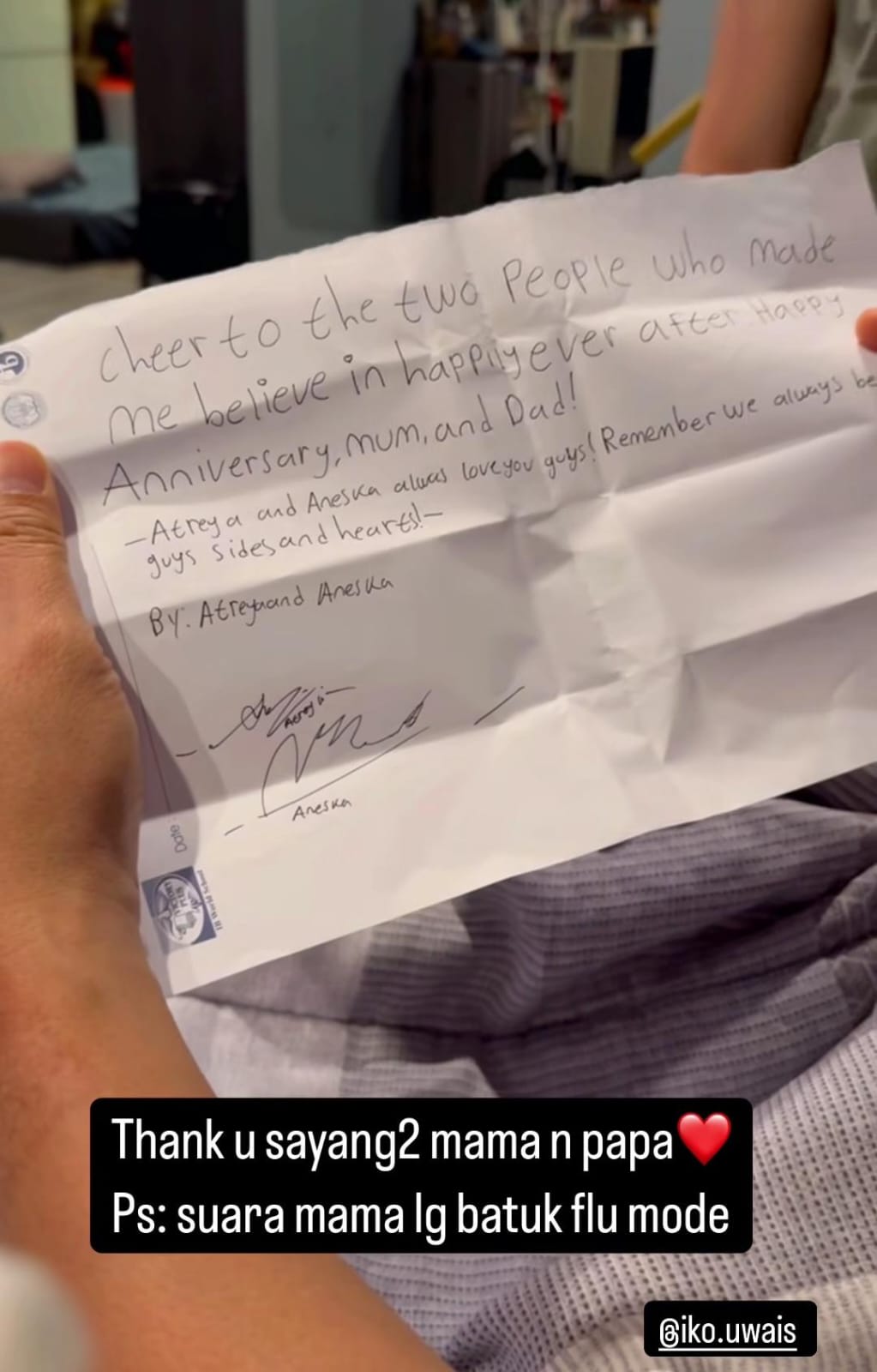 Surat dari Atreya dan Aneska untuk orangtuanya. Foto: Dok. Instagram @audyitem