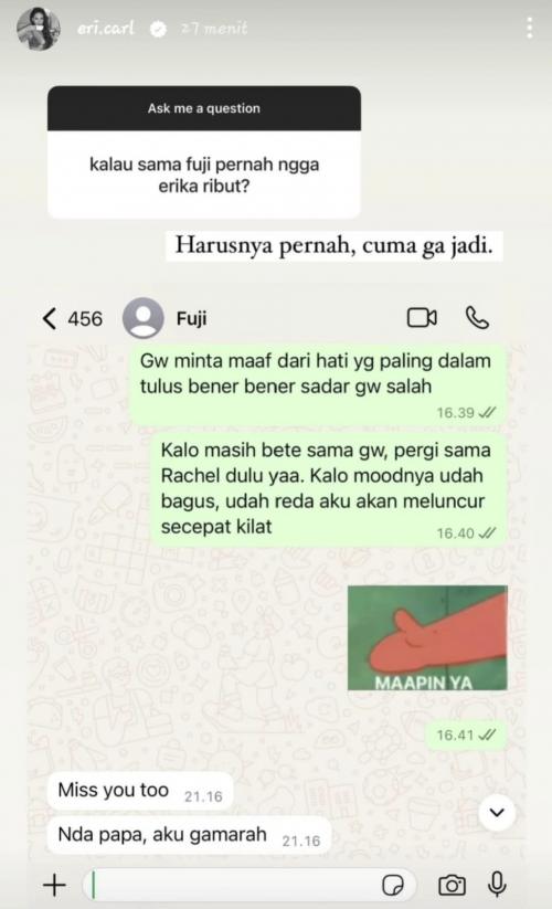 Isi percakapan antara Erika Carlina dan Fuji. Foto : Instagram/eri.carl