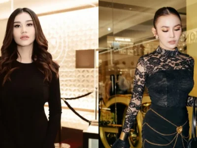 Gaya selebriti berbusana hitam di acara Dolce and Gabbana Jakarta. Foto: Dok. Instagram @aaliyah.massaid, @mahaliniraharja