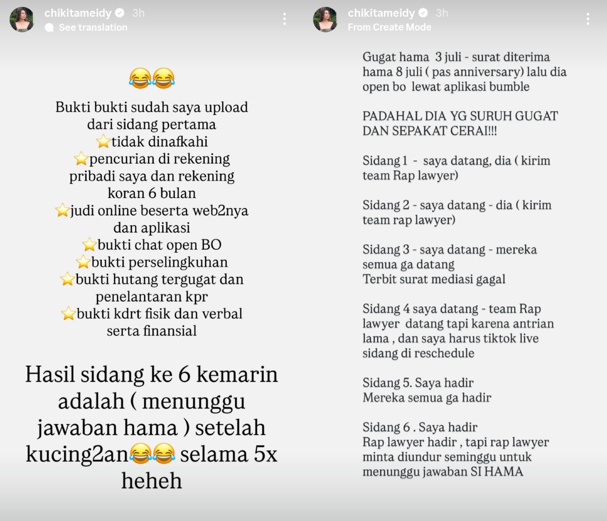 Curhat Chika soal sidang perceraian. Foto: Dok. Instagram @chikitameidy