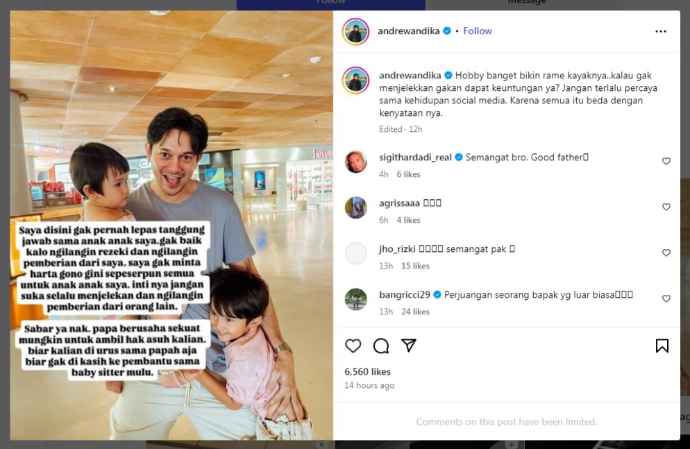 Andrew Andika ingin rebut hak asuh anak. Foto: Dok. Tangkapan layar Instagram
