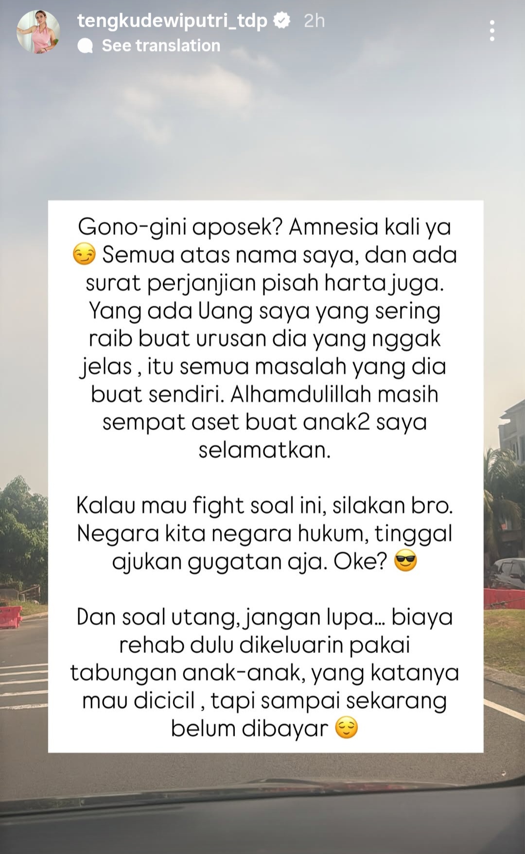 Penjelasan Tengku Dewi soal gono-gini. Foto: Dok. Instagram @tengkudewiputri_tdp