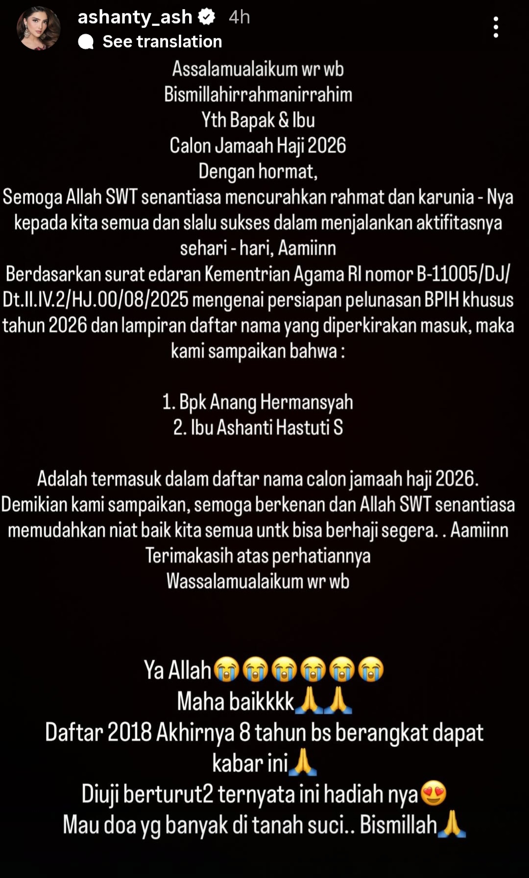 Ashanty dan Anang berangkat haji pada 2026. Foto: Dok. Instagram @ashanty_ash