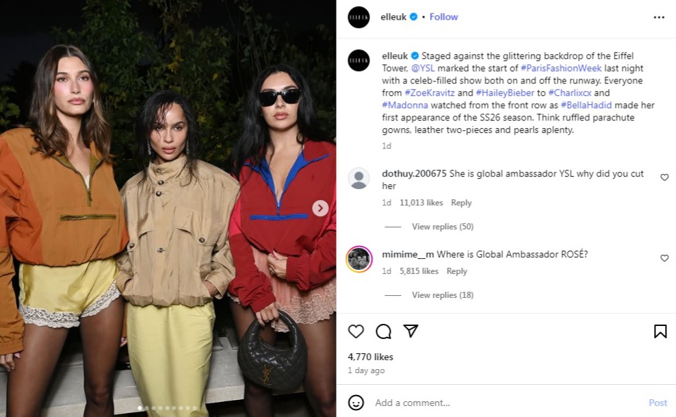 Unggahan ELLE UK yang tidak menampilkan Rose BLACKPINK. Foto: Dok. Instagram