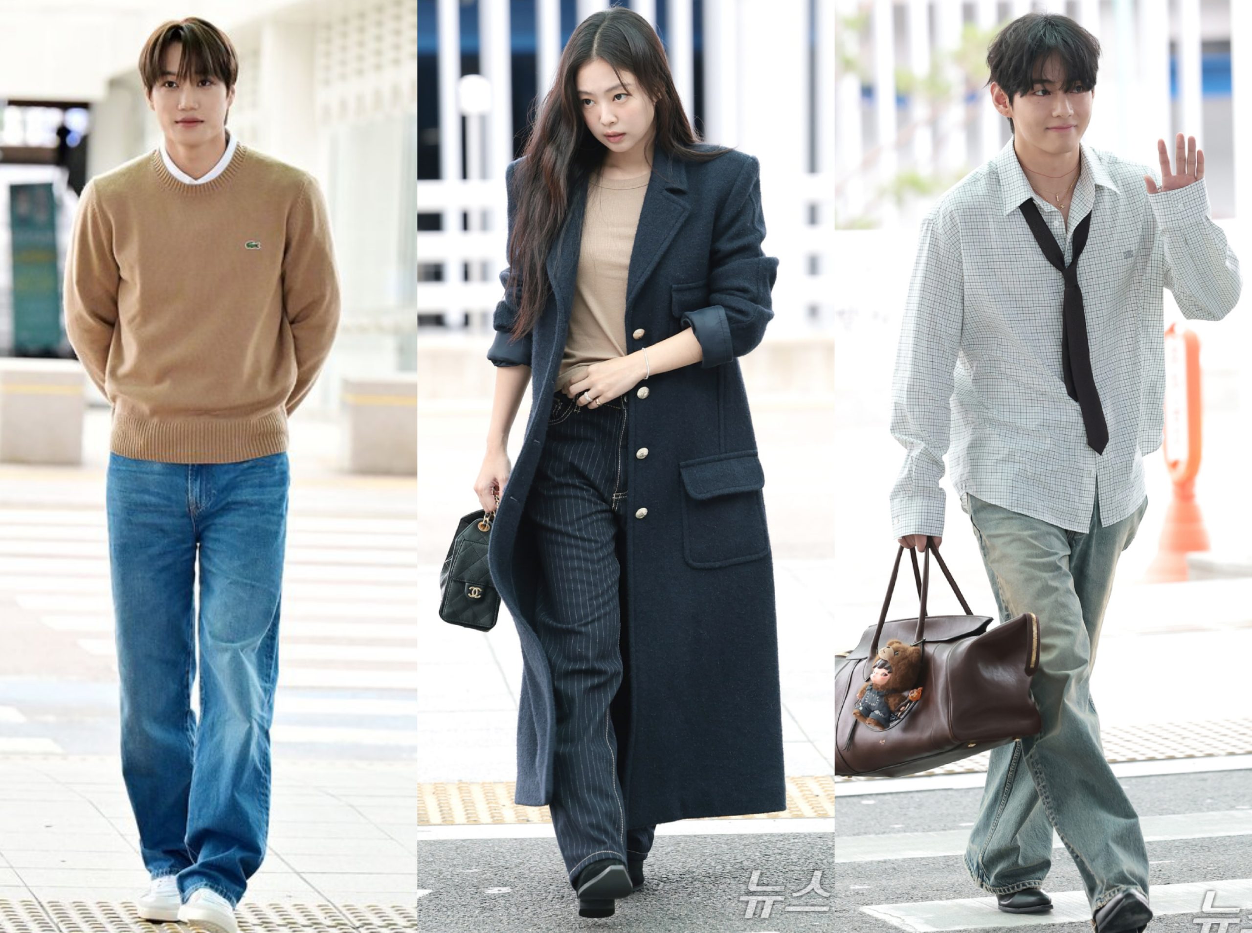 Kai, Jennie, dan V di Bandara Incheon akan berangkat ke Paris. Foto: Dok. News1, Xports News