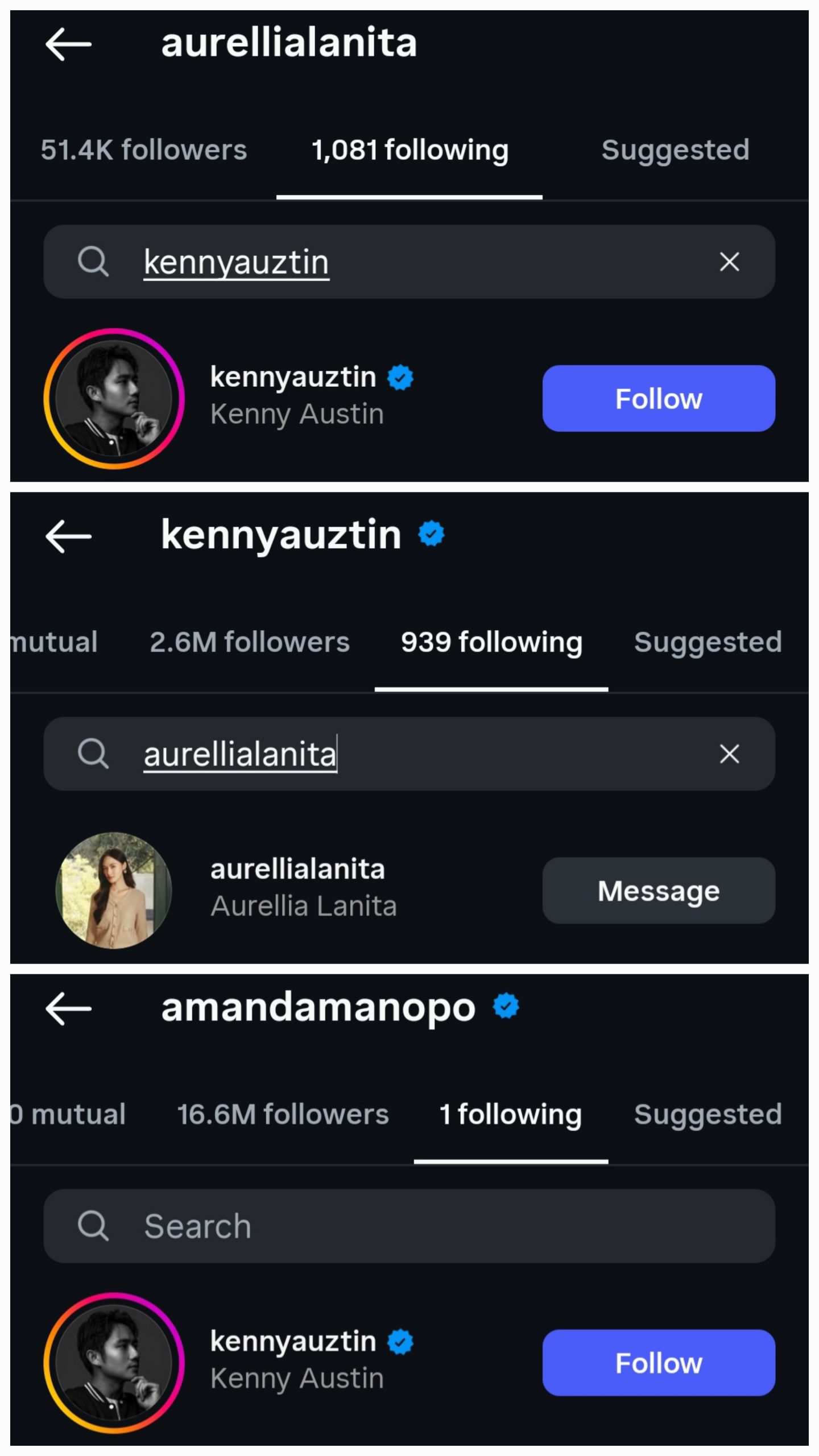 Kenny dan Aurellia masih saling follow. Foto: Dok. tangkapan layar Instagram