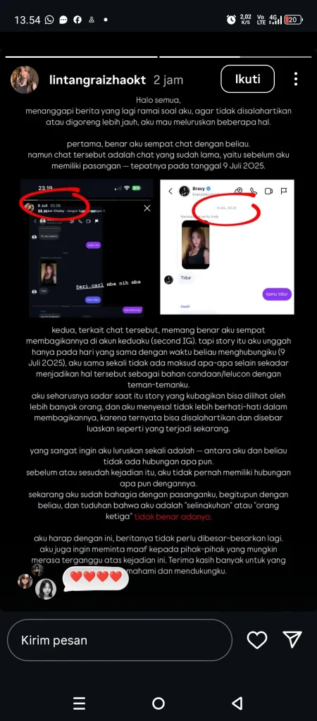Klarifikasi Lintang lewat unggahan story di Instagram. (Foto: Instagram @lintangraizhaokt) 