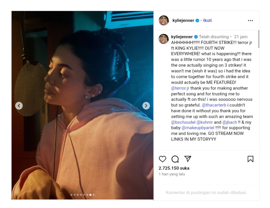 Kylie Jenner rekaman 'Fourth Strike'. Foto: Dok. Tangkapan Layar Instagram @kyliejenner