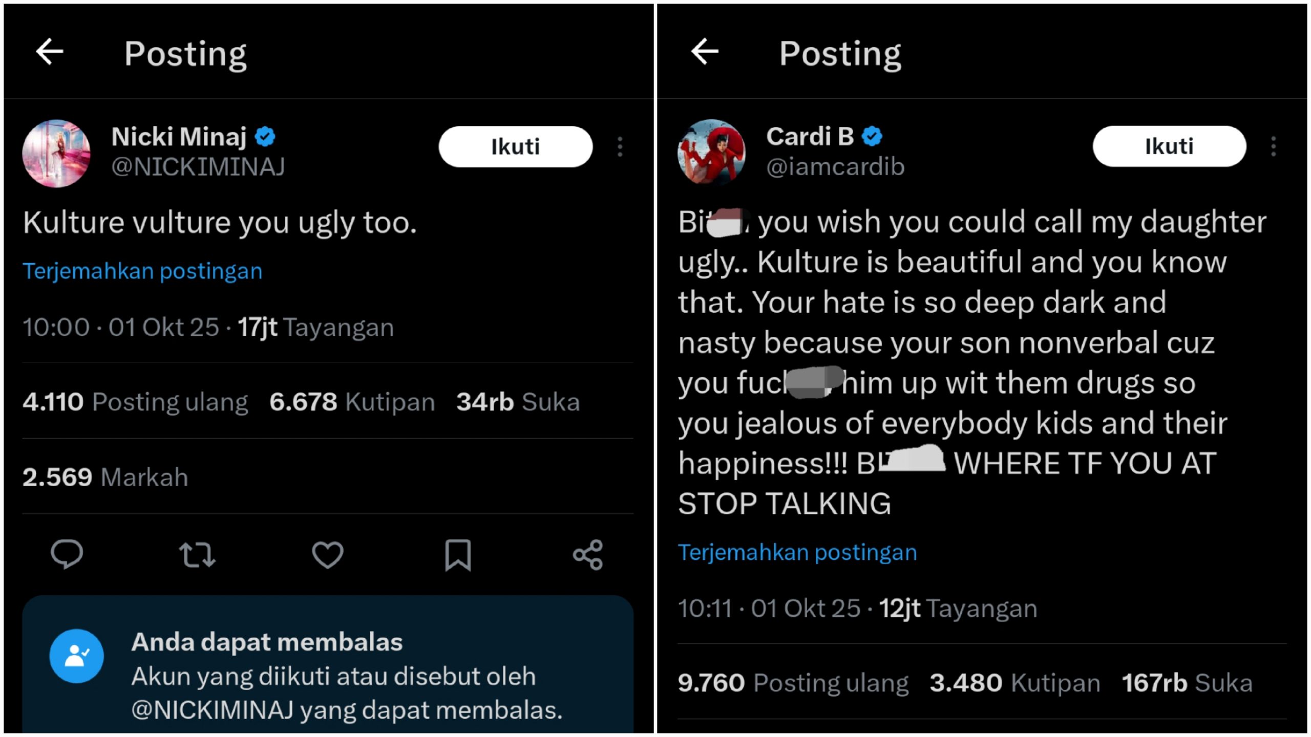 Nicki dan Cardi saling menghina anak satu sama lain. Foto: Dok. X