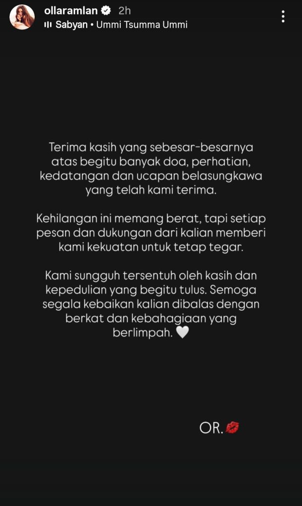 Ungkapan duka Olla Ramlan atas meninggalnya ibunda. (Foto: Tangkapan layar Instagram story/ollaramlan)