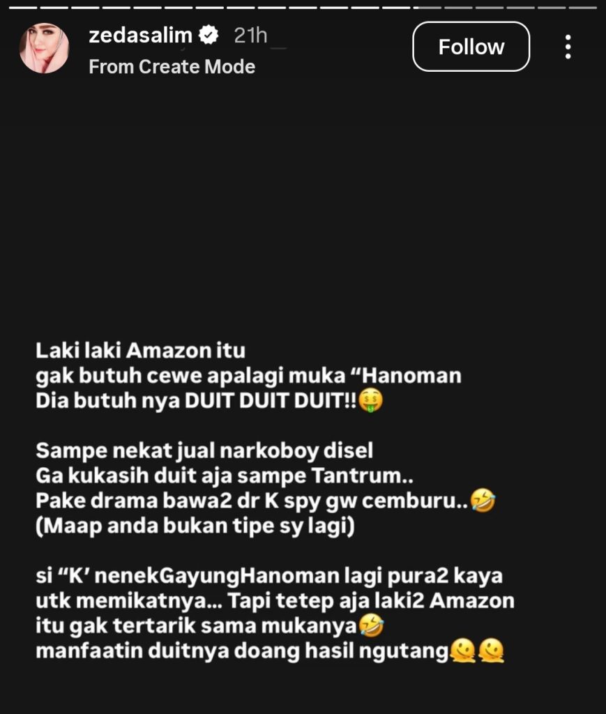 Sindiran Zeda Salim (Foto: Instagram/zedasalim)