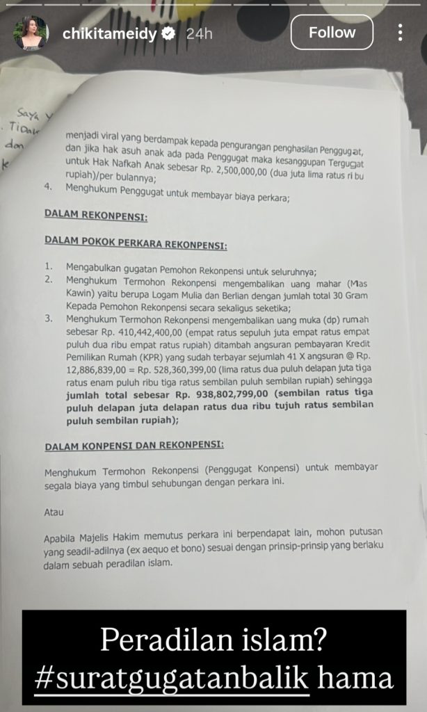 Rekonvensi dari Indra (Foto: Instagram/chikitameidy)