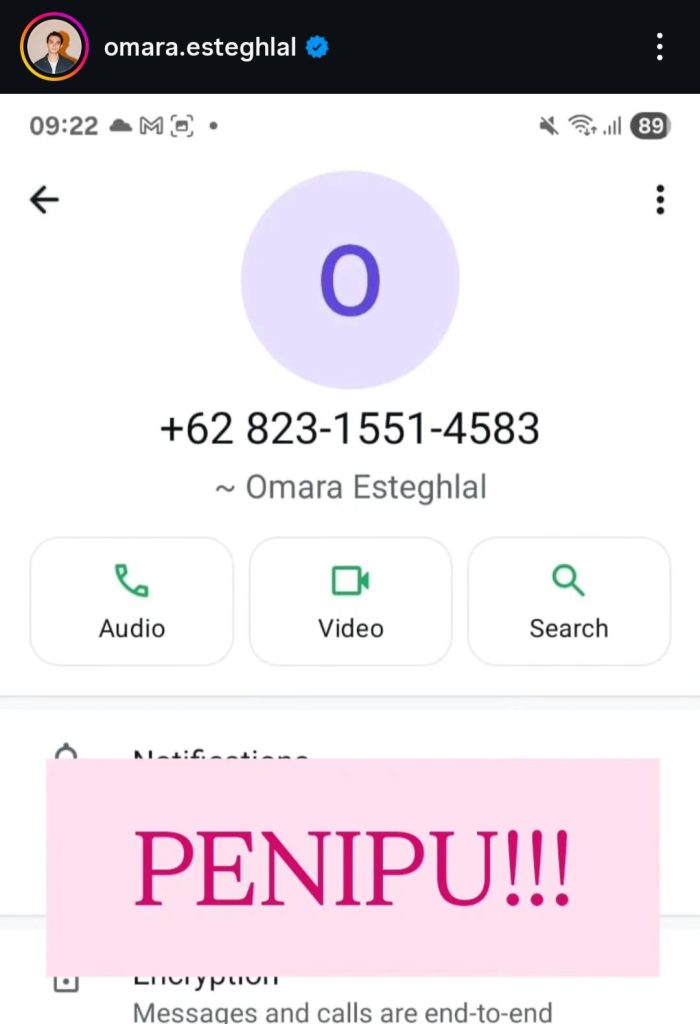 Nomor penipu (Foto: Instagram/omara.esteghlal)