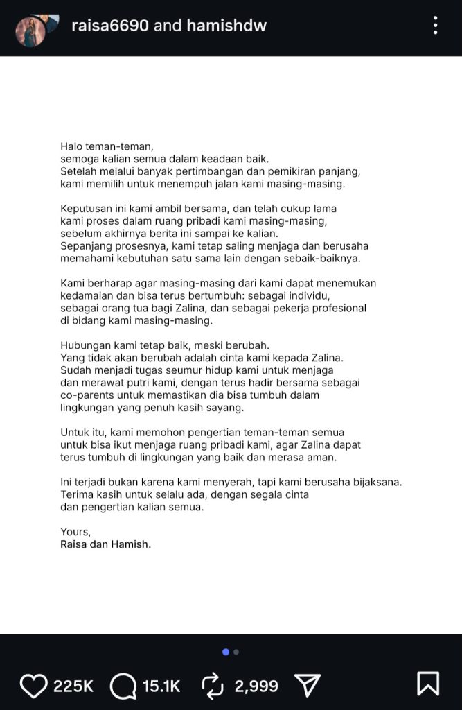 Pernyataan terkait isu cerai (Foto: Instagram/raisa6690)