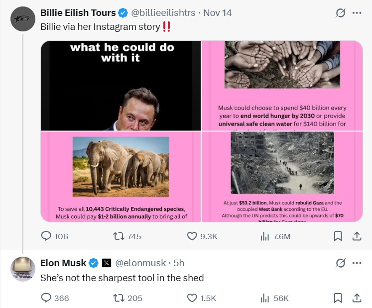 Elon Musk membalas sindiran Billie Eilish. Foto: Dok. X