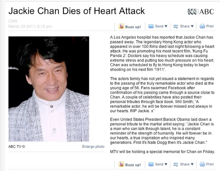 Kabar Jackie Chan meninggal dunia pada 2011. Foto: Dok. Medium