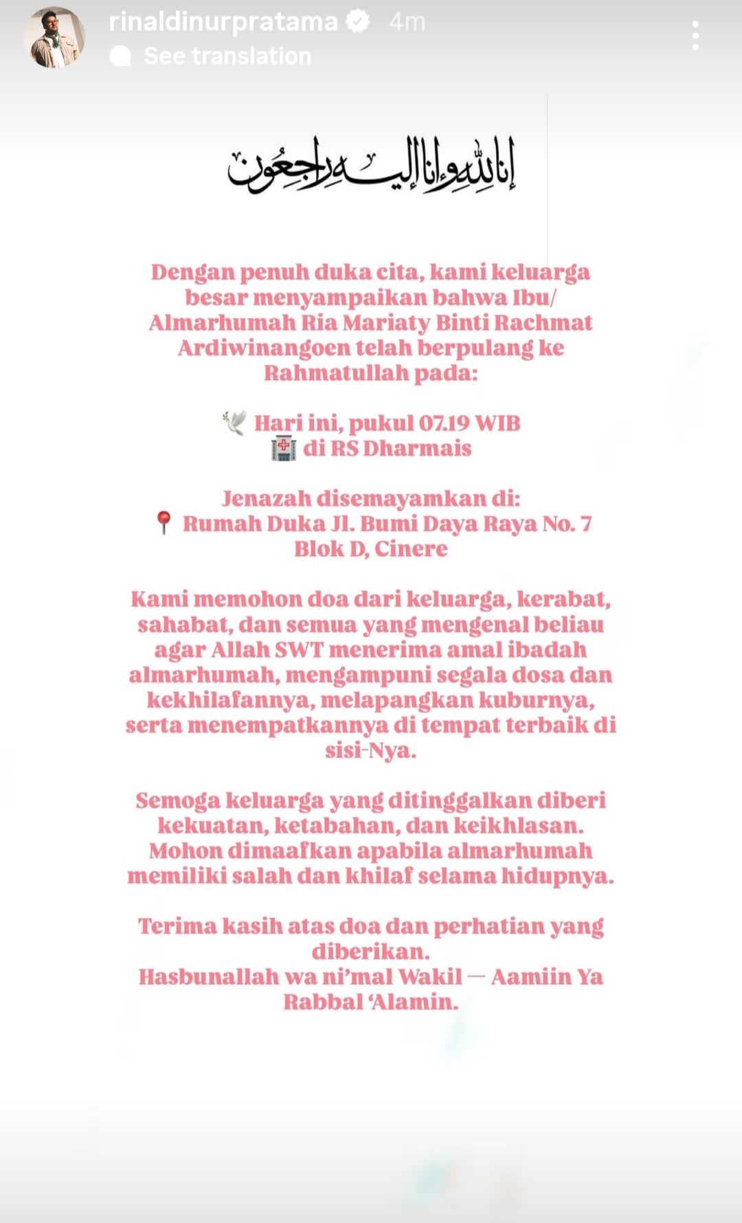 Rinaldi mengumumkan kabar duka ibu meninggal dunia. Foto: Dok. Instagram @rinaldinurpratama