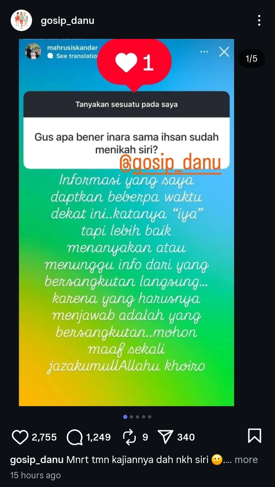 Unggahan Gus Mahrus soal dugaan Inara menikah siri. Foto: Dok. Instagram @gosip_danu