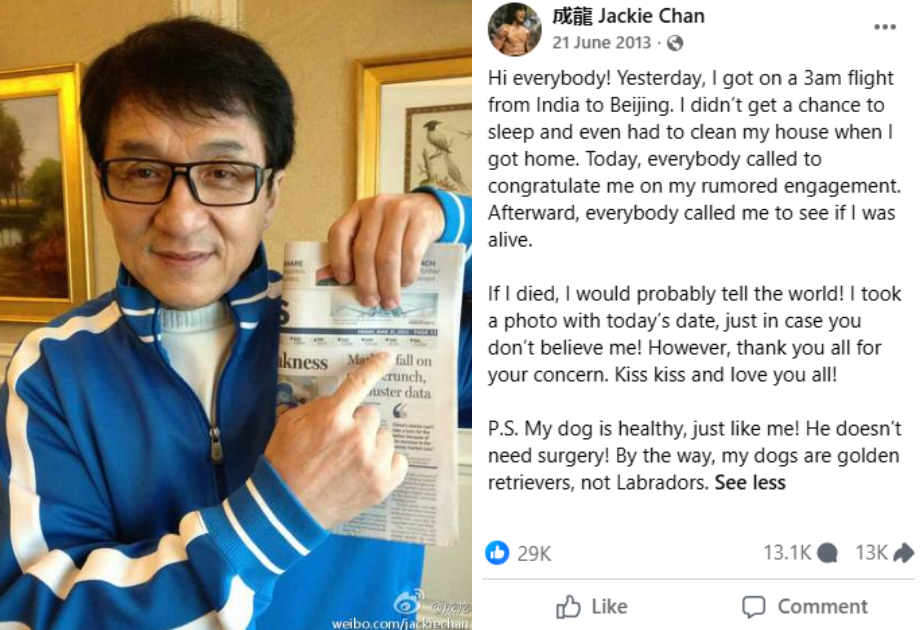 Jackie membantah kabar meninggal. Foto: Dok. Facebook