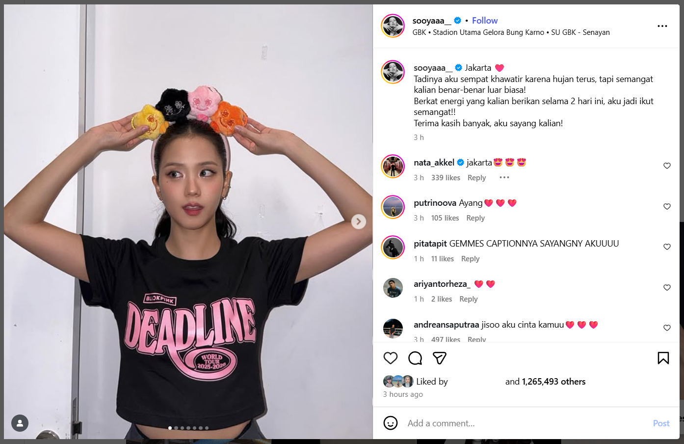 Unggahan Jisoo dengan caption bahasa Indonesia. Foto: Dok. tangkapan layar Instagram