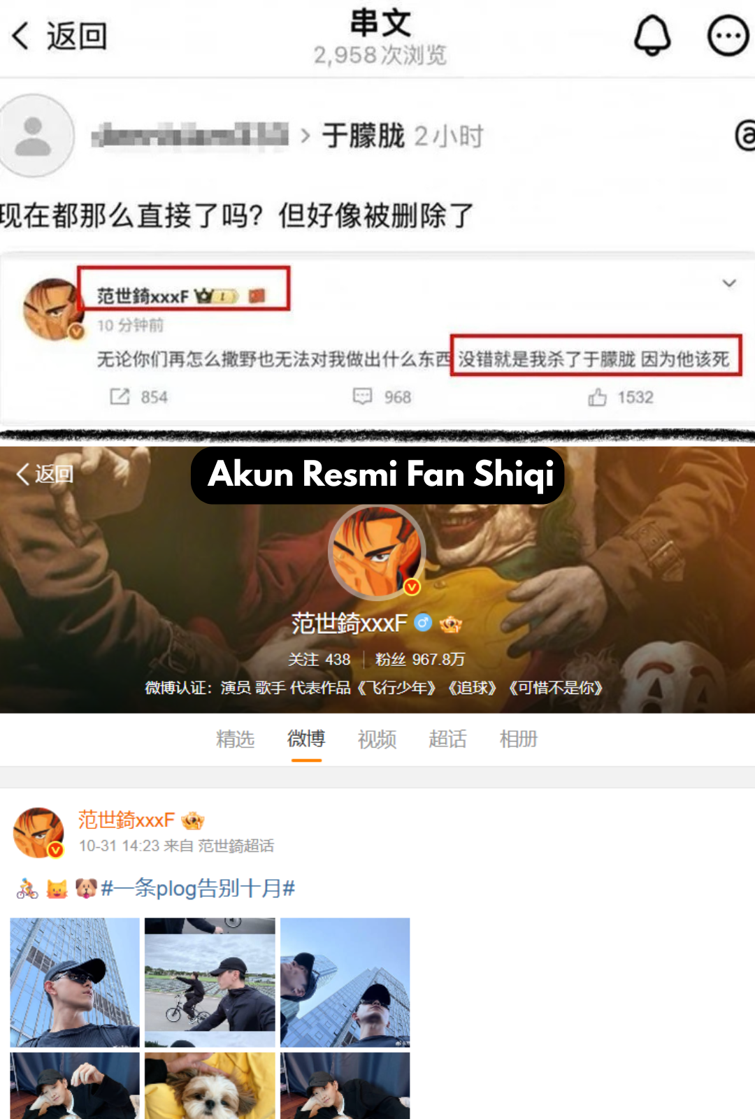 Postingan Fan Shiqi yang mengaku membunuh Yu Menglong. Foto: Dok. Weibo