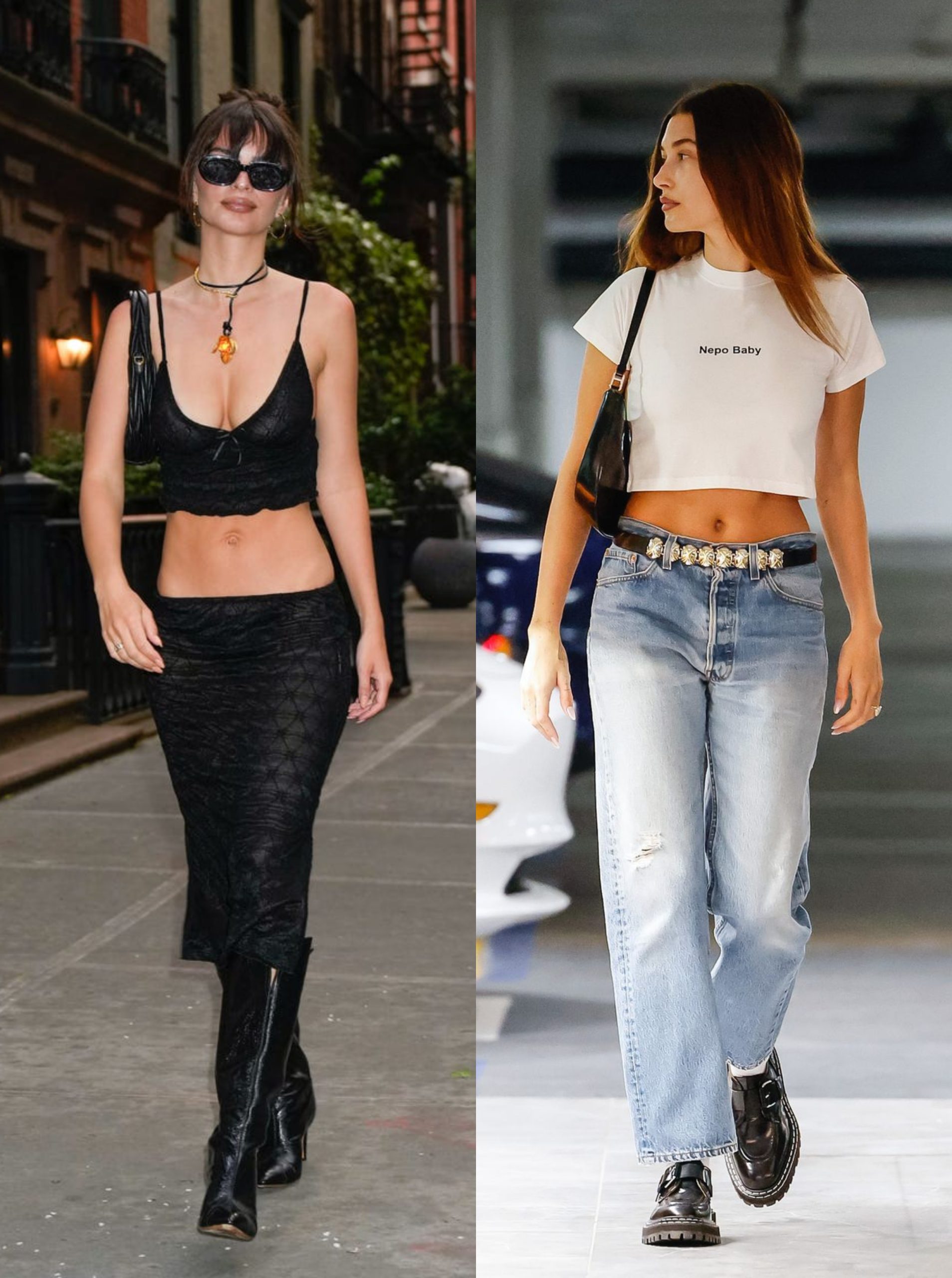 Emily Ratajkowski (kiri, long torso) dan Hailey Bieber (kanan, short torso). Foto: Dok. Getty Images via Bazaar/Vogue