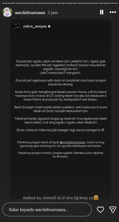 Unggahan yang dibagikan ulang oleh Mawa. Foto: Dok. Instagram @wardatinamawa