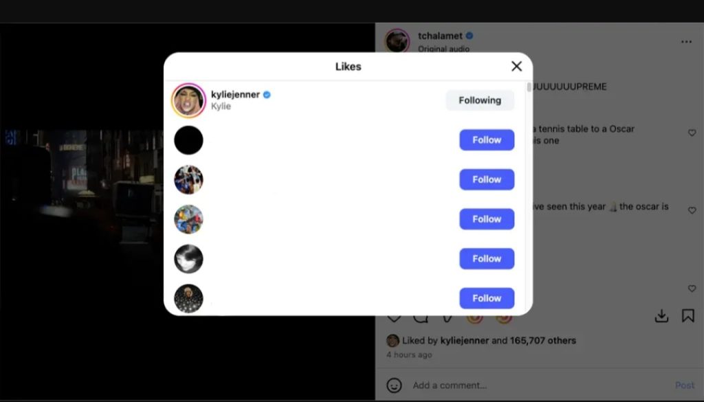 Kylie memberi suka di unggahan Timothee (Foto: Instagram/tchalamet)