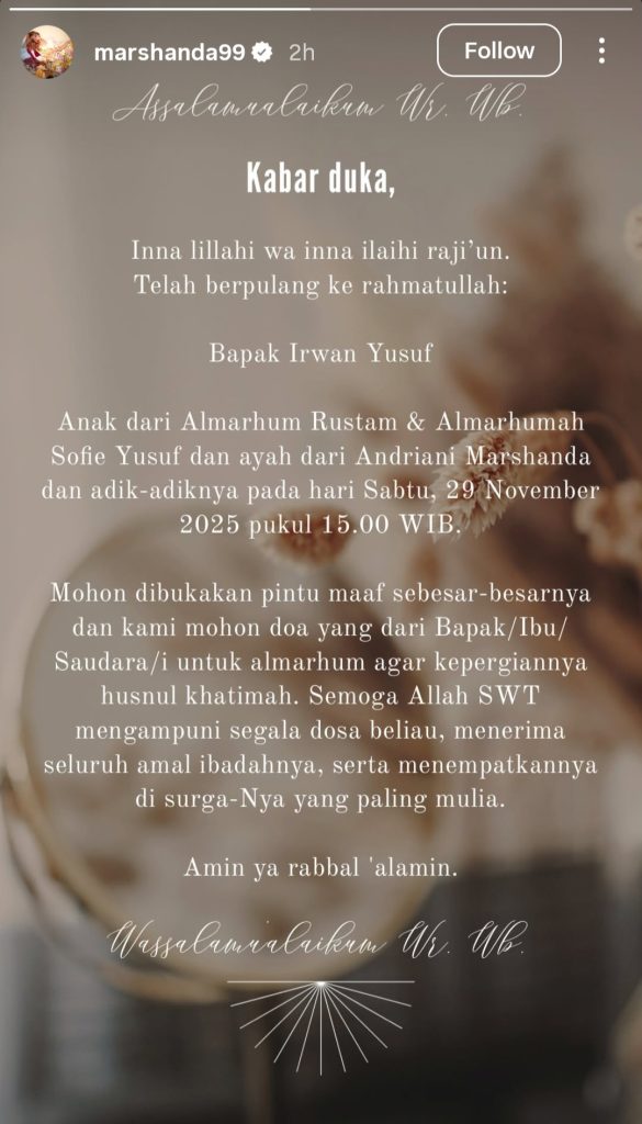 Pengumuman meninggalnya Irwan Yusuf (Foto: Instagram/marshanda99)