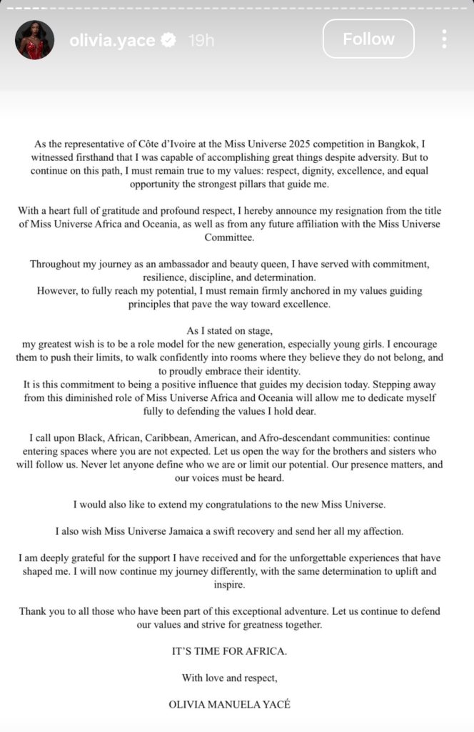 Pernyataan Miss Cote d’Ivore Olivia Yace (Foto: olivia.yace)