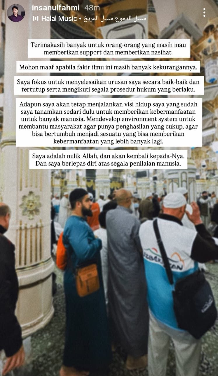 Unggahan story terbaru Insan. Foto: Dok. Instagram @insanulfahmi